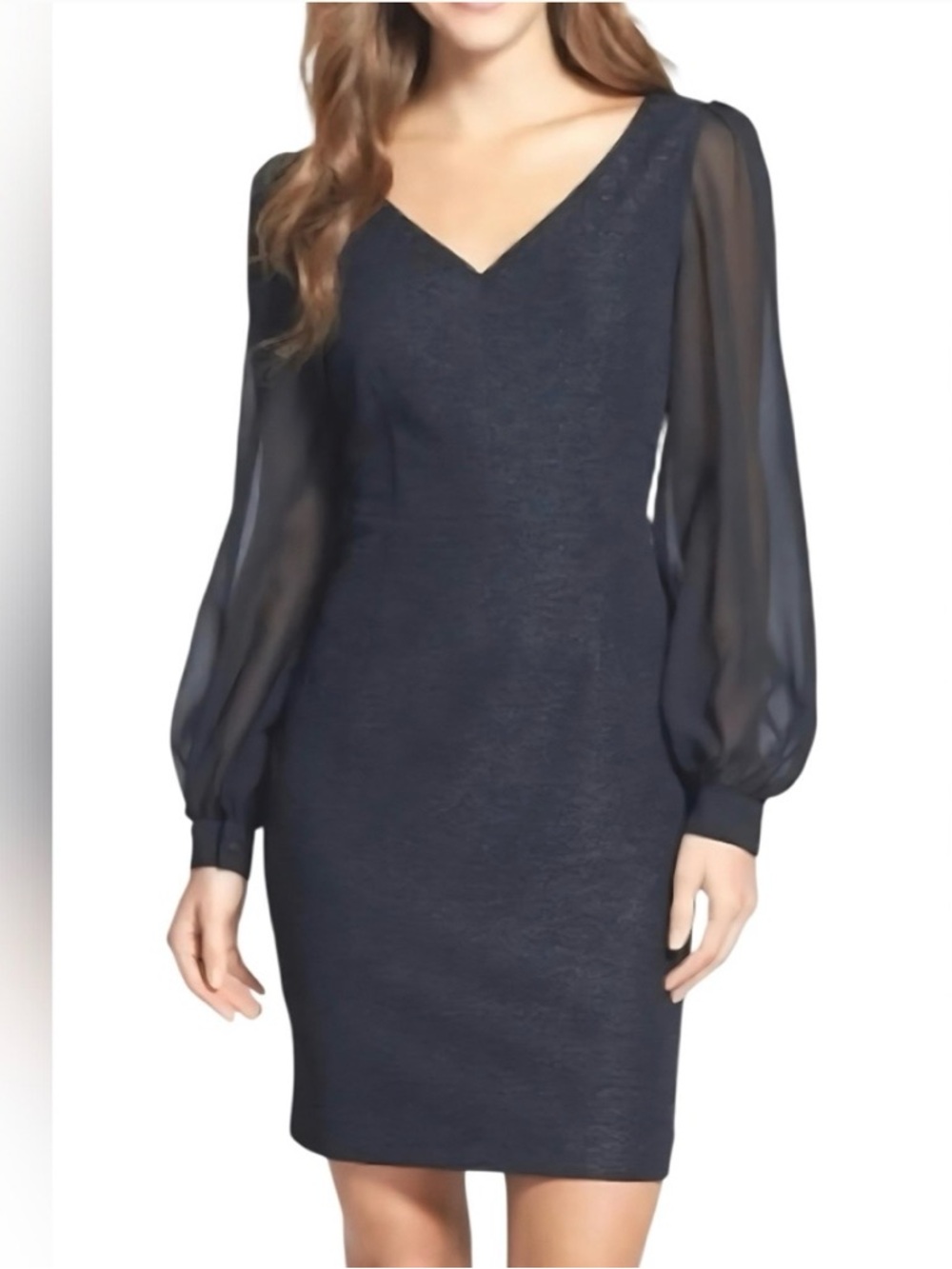 Nordstrom Black Metallic Thread Illusion Sleeve Long-Sleeve V-Neck Sheath Dress